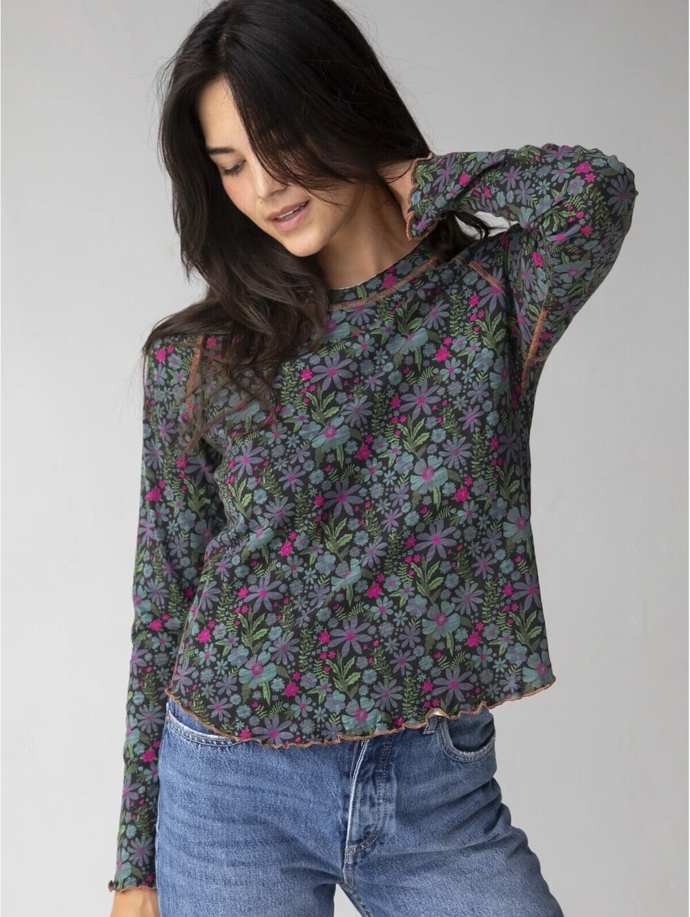 Natural Life Lily Cotton Long Sleeve NWT Dark Blue Garden Floral Boho Sz Med Top